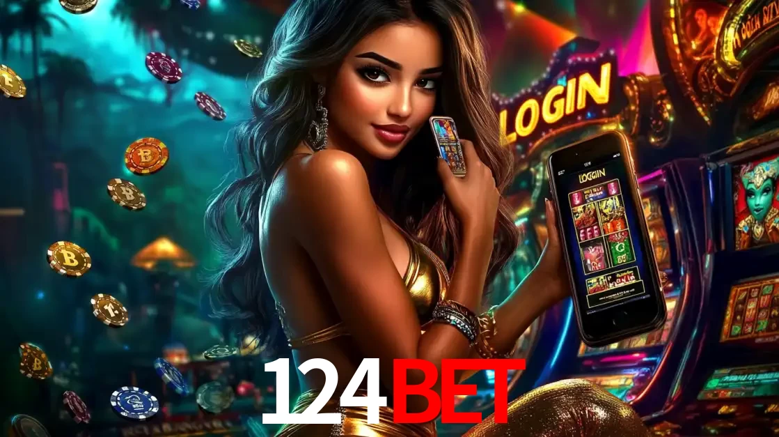 Mulher em um cenário de cassino temático de aventura, mostrando o app de caça-níqueis da 124BET no celular. Fichas de apostas flutuam ao redor.