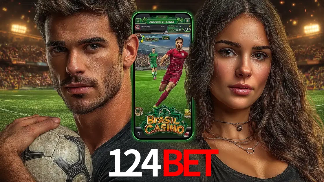 Homem segurando uma bola de futebol e uma mulher ao lado de um smartphone exibindo o jogo de apostas esportivas da 124BET. Faça seu palpite no cassino online.